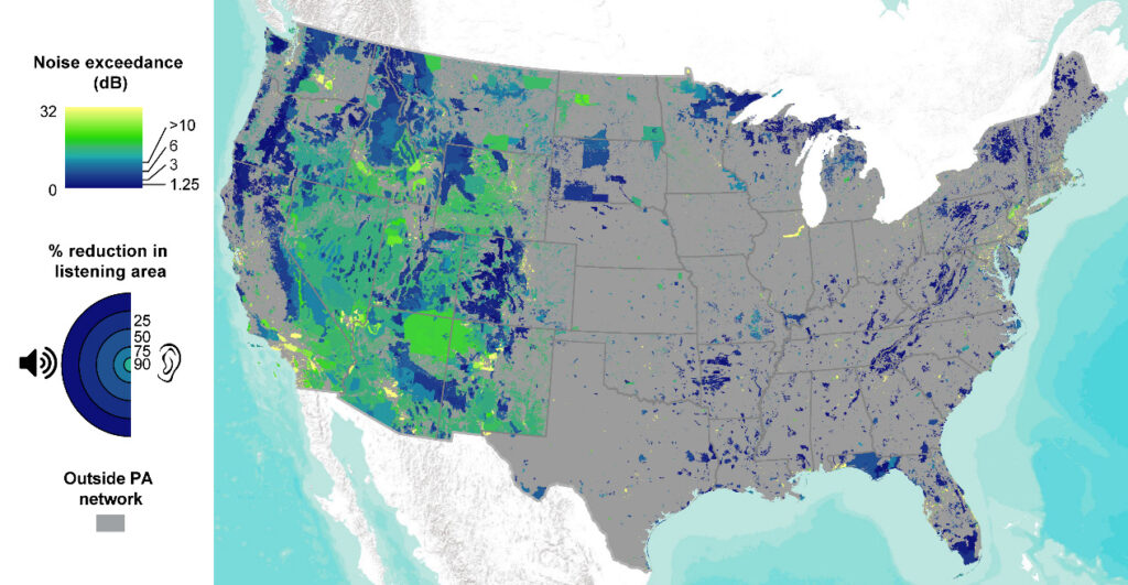 map of noise pollution levels across USA in protected areas