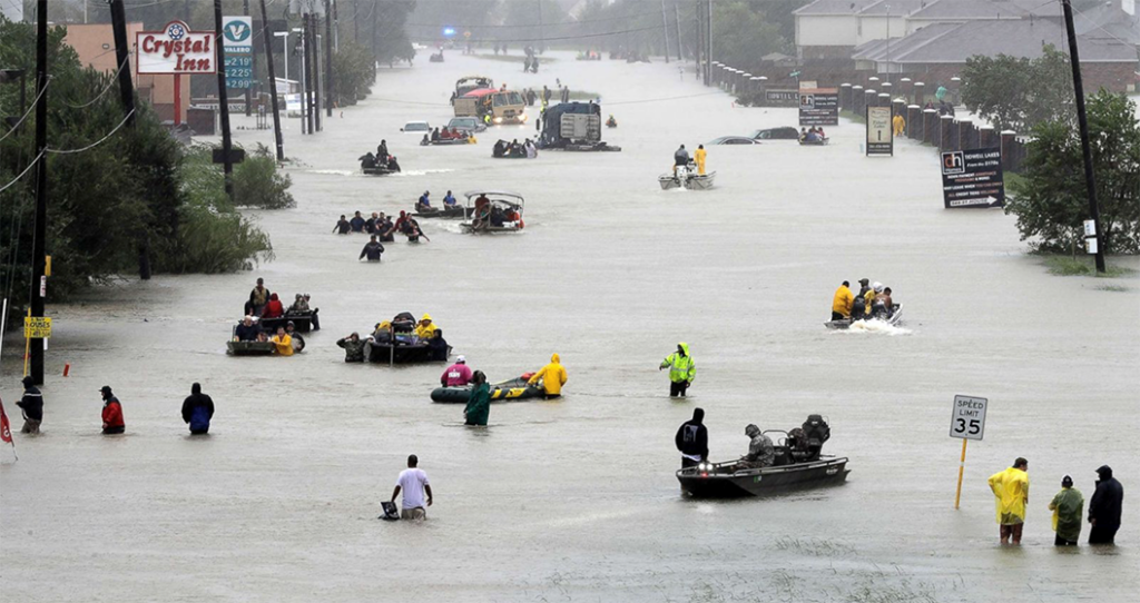 Flooded streets in Houston with victims in rafts