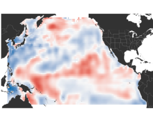 Red to blue scale image of Pacific ocean temperatures