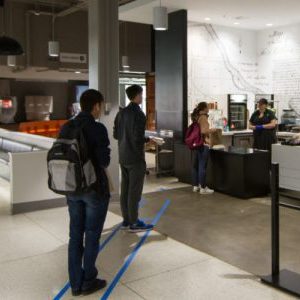 Students in line in a dining hall
