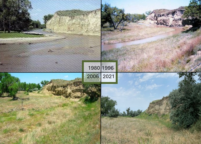Four images of a drying river in 1980, 1996, 2006. and 2021