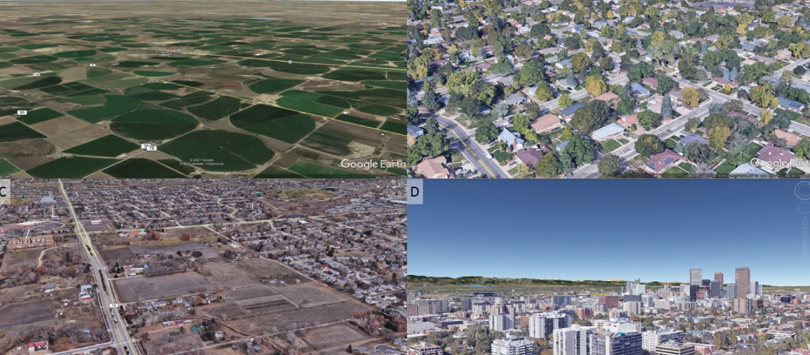 Figure 1: Four different land-use types in the South Platte River Basin. Images captured with Google Earth. (A) Pivot irrigation agriculture, (B) Medium-intensity residential development, (C) Peri-urban low intensity development, (D) High-intensity development. Growing populations in urban areas (D) are drying irrigated land (A). What are the implications of different land-use decisions with regard to water management and climate change?