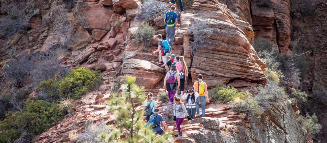 Hikers on the popular Angel’s Landing trail at Zion National Park