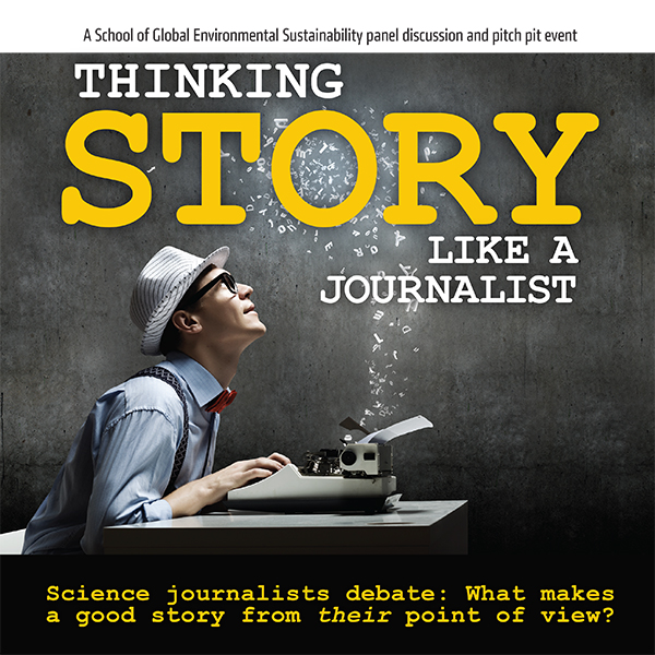 photo of journalist looking at event title