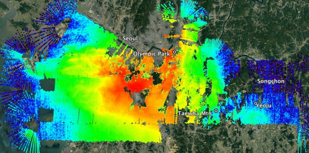 Map showing nitrogen oxide concentrations around Seoul's Olympic Park