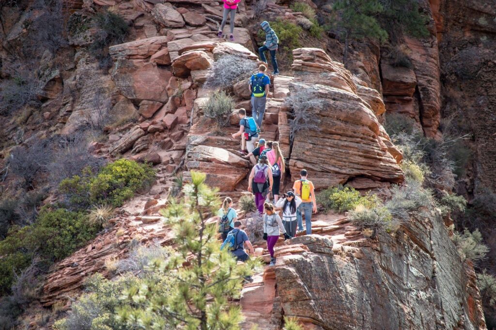 Hikers on the popular Angel’s Landing trail at Zion National Park