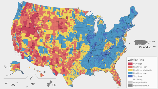 Map showing wildfire risk in the USA