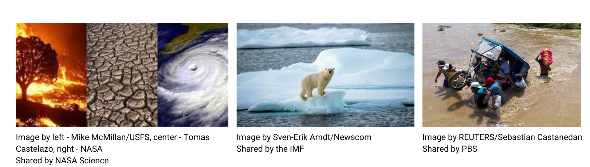 Collage of images that include wildfire on a hillside; cracked and dry mud; satellite image above a hurricane; a polar bear on floating ice; and a group of people crossing a river with a motorcycle taxi.