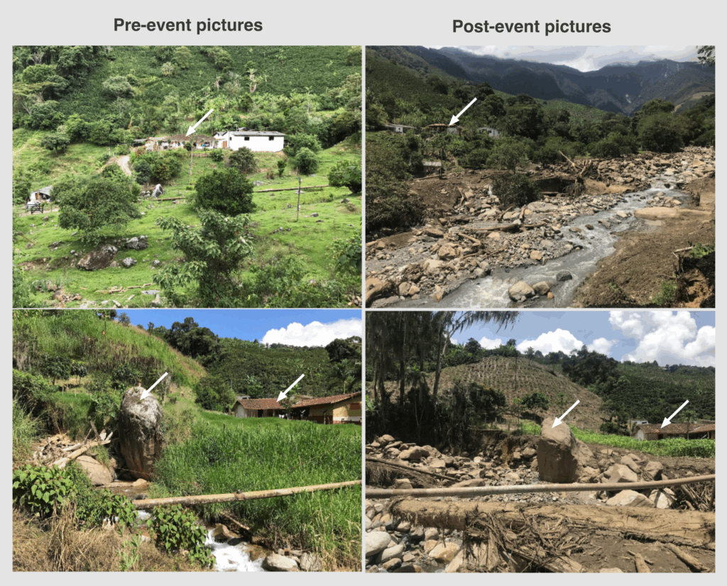 Four pictures, two showing before and two showing after a debris flow, with arrows pointing to the same place as to better see the differences between the photos.