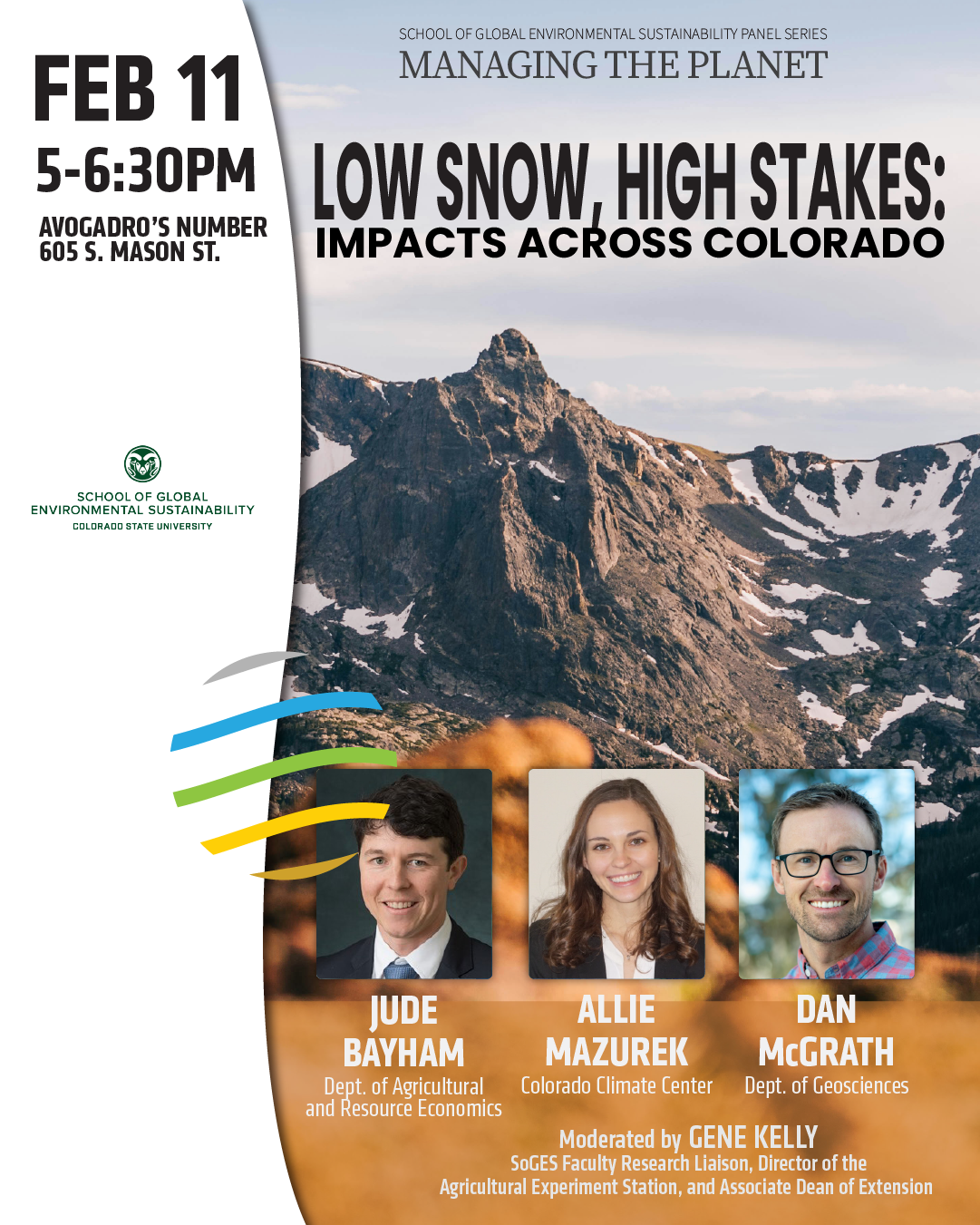 event poster with a mountain very little snow and three panelists profile pictures