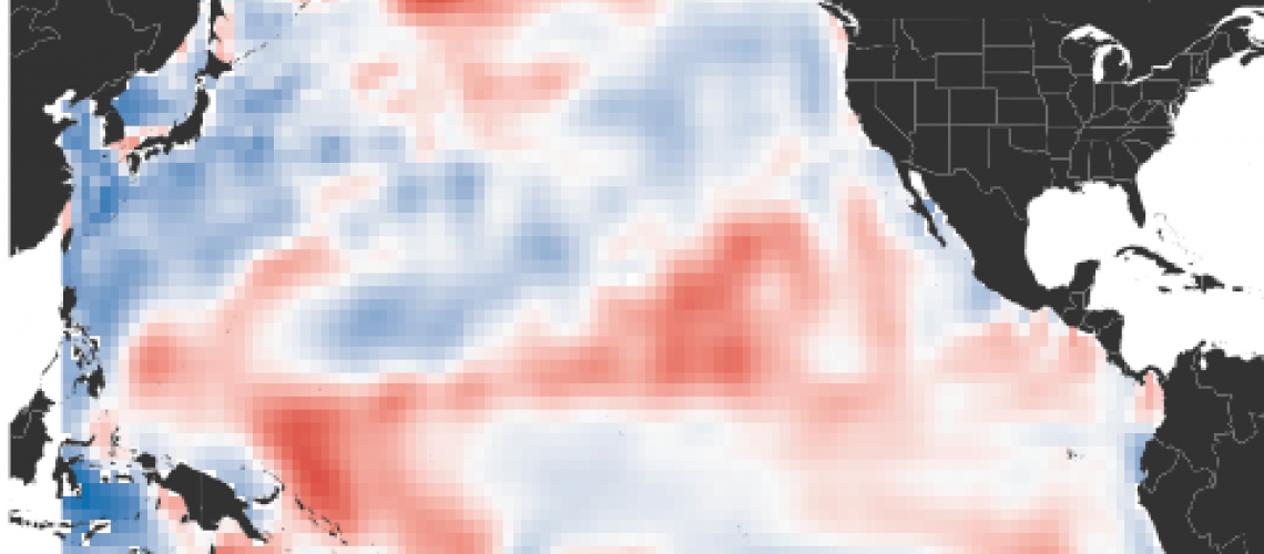 Red to blue scale image of Pacific ocean temperatures