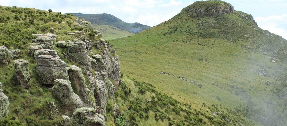 Rocky and grassy hillside of the Ethiopian highlands.